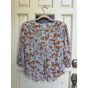 Next Women Rust Orange Blue Abstract Leaf Print V-Neck 3/4 Sleeve Blouse Size 6